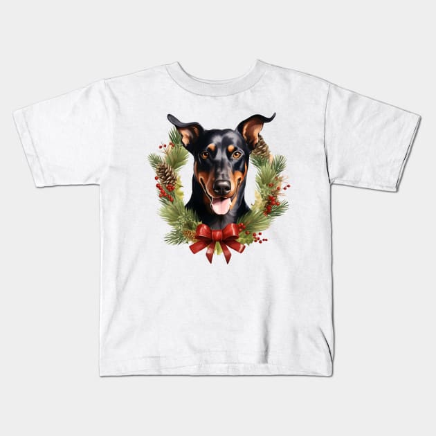 Christmas Doberman Dog Wreath Kids T-Shirt by Chromatic Fusion Studio